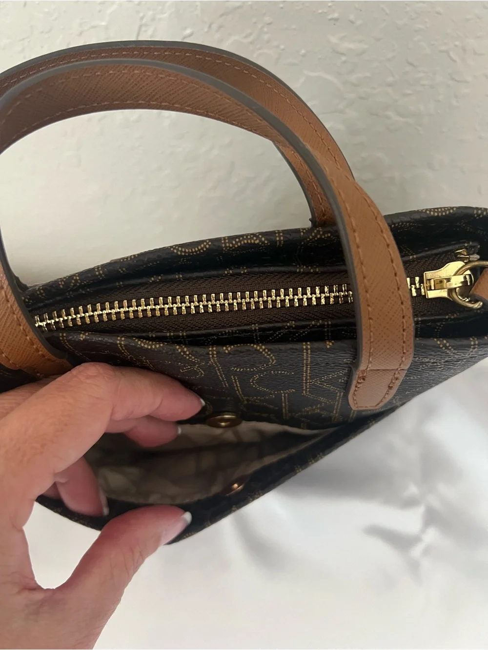 Calvin Klein Monogram Mini Tote Crossbody Bag Brown